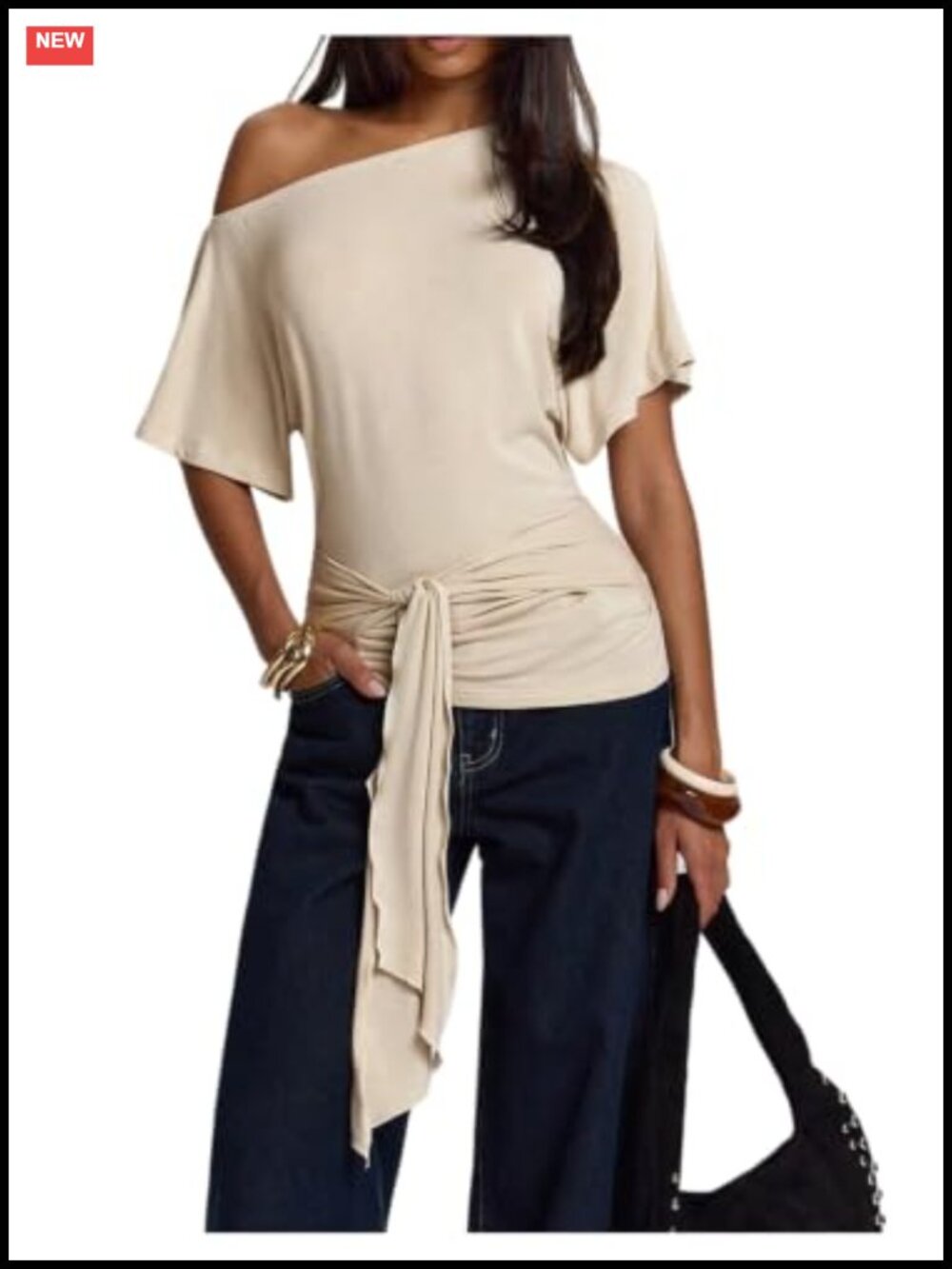 Off Shoulder Tie Knot Half Sleeve Fitted Top Viscose Blend Pullover
